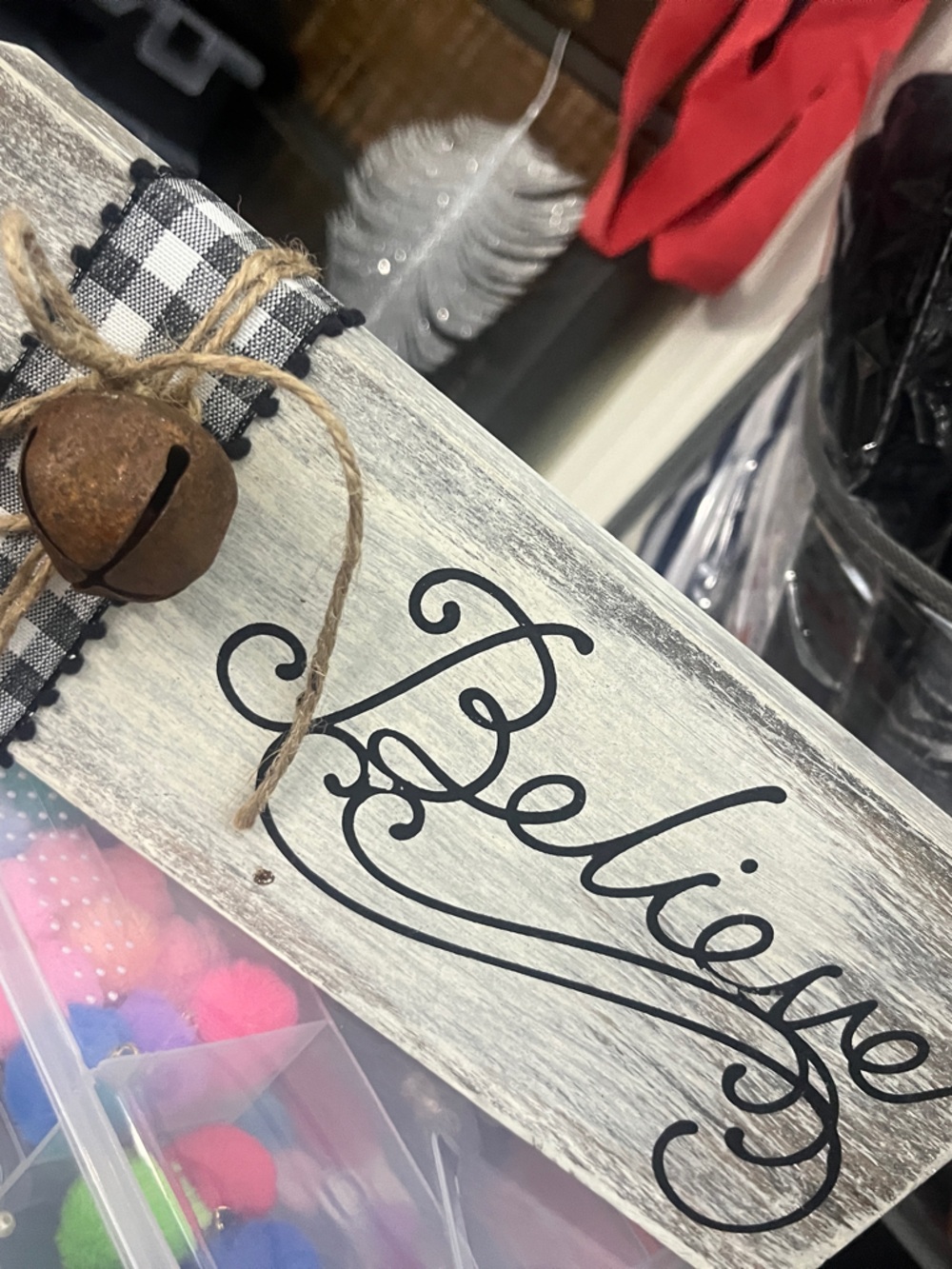 Hand-Painted 'Believe' Wood Sign with Jute Bow and Bell 442